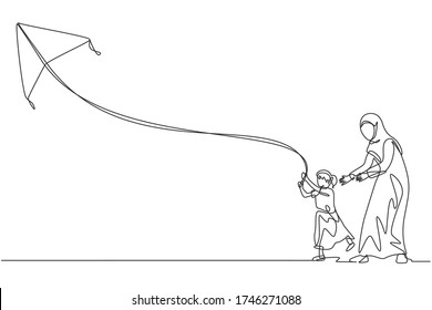 One single line drawing of young Arabian mom and daughter playing and flying kite at public park vector illustration. Happy Islamic muslim family parenting concept. Modern continuous line draw design