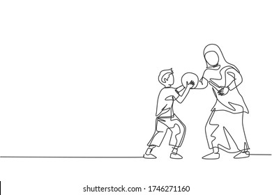 One single line drawing of young Islamic mother playing basketball sport with her son at public park vector illustration. Arabian muslim family parenting concept. Modern continuous line draw design