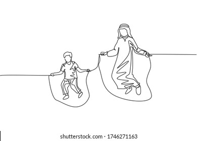 One single line drawing of young Islamic father and son play skipping rope together at outdoor park vector illustration. Arabian muslim family parenting concept. Modern continuous line draw design