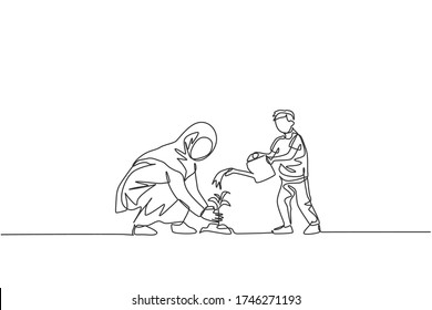 One single line drawing of young Islamic mother and her son planting a plant at house backyard vector illustration. Happy Arabian muslim family parenting concept. Modern continuous line draw design