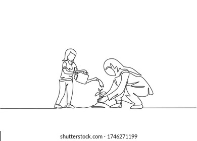 One single line drawing of young Islamic daughter help her mom watering planted plant on ground vector illustration. Happy Arabian muslim family parenting concept. Modern continuous line draw design