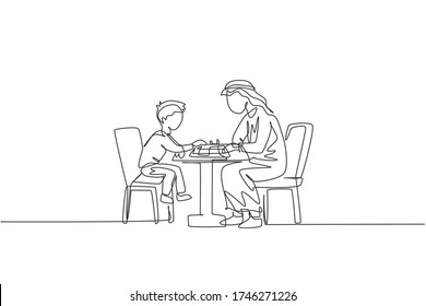 One single line drawing of young Arabian father and son seriously playing chess together at home vector illustration. Happy Islamic muslim family parenting concept. Modern continuous line draw design