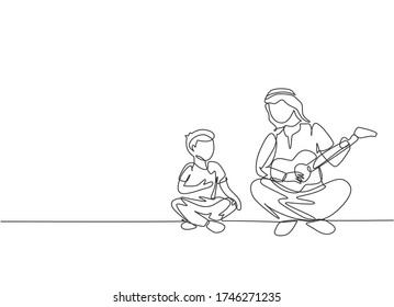 Un dibujo de una sola línea de un joven padre árabe tocando guitarra y cantando junto con su hijo ilustrando el vector. Feliz concepto de paternidad de la familia musulmana islámica. Diseño de traza de línea continua moderna