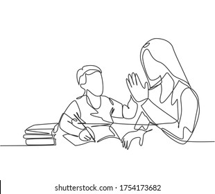 One single line drawing of young happy mother accompany her kid studying and reading a book while give high five gesture. Parenting family care concept. Continuous line draw design vector illustration