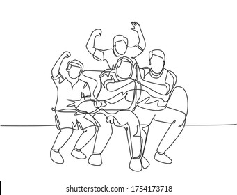 One single line drawing of young happy group fans siting on sofa and watching their favorite club playing the match on the television. Fans club concept continuous line draw design vector illustration