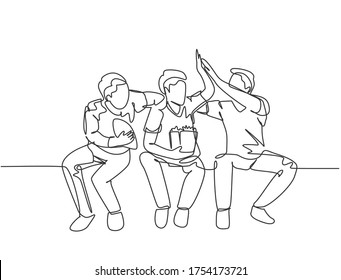 One single line drawing of young happy fans siting on sofa and watching their favorite club playing the match on the television. Fans club concept continuous line draw design vector illustration