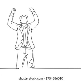 One single line drawing of young happy CEO standing and fist his hands to the air to celebrate new funding from investor. Business funding concept continuous line draw design vector illustration