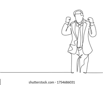 One single line drawing of young happy business man standing and fist his hands to the air to celebrate new business contract agreement. Business deal concept continuous line draw design illustration