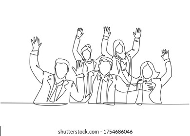 One single line drawing of young happy business man and business woman celebrate their success to deal new business agreement. Business meeting concept continuous line draw graphic design illustration