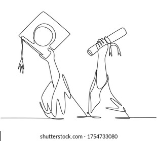 One single line drawing of young happy graduate college students lift up a graduation letter paper roll and cap. Graduate from school concept continuous line draw graphic design vector illustration