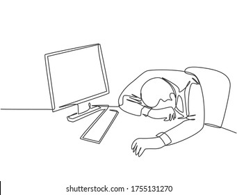 One single line drawing young tired male employee sleeping the work desk and computer  Work overload fatigue concept continuous line draw design vector illustration