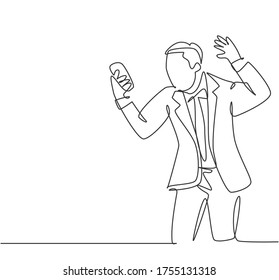 One single line drawing of young angry businessman screaming his workers on phone call because of reckless work. Anger management at the office concept continuous line draw design vector illustration