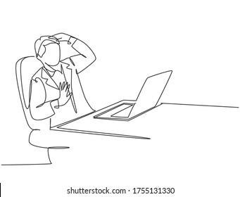 One single line drawing of young depressed manager trauma of the computer because his overload working at he office. Work traumatic life concept continuous line draw graphic design vector illustration