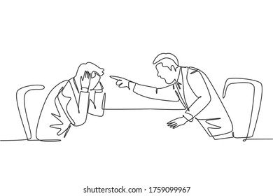 One single line drawing of young furious manager pointing finger to his frustrated staff and blaming the staff about bad work performance concept. Continuous line draw design vector illustration