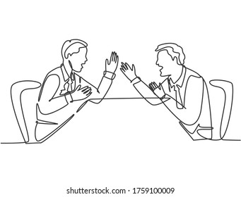 One single line drawing of young angry businessman screaming to his shouting business partner then they blaming each others. Business problem concept continuous line draw design vector illustration