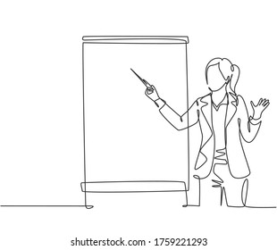 One single line drawing of young female presenter pointing the finger to screen with marker. Business presentation at the office concept. Trendy continuous line draw design graphic vector illustration