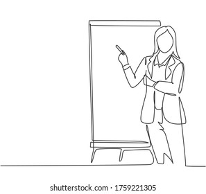 One single line drawing of young female presenter thinking while doing presentation at the office during meeting. Work presentation concept continuous line draw graphic design vector illustration