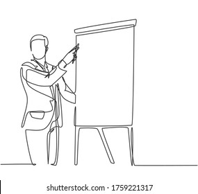 One single line drawing of young happy startup founder presenting business proposal to the investors. Business presentation at the office concept continuous line graphic draw design illustration