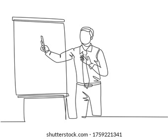 One single line drawing of young presenter explaining business strategy during team meeting. Effective training presentation for work office concept continuous line draw design vector illustration