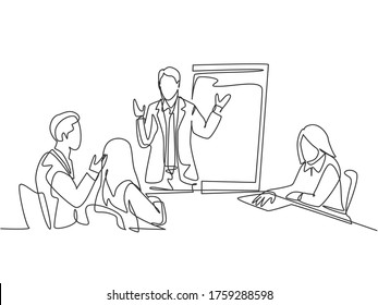 One single line drawing of young businessman giving business coaching to class members at the office. Group training and meeting concept continuous line draw design vector illustration graphic