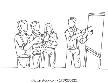 One single line drawing of young happy manager giving presentation about increasing product sales to his team at the office. Group meeting concept continuous line draw design vector illustration