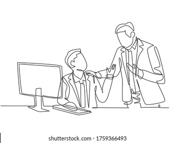 One single line drawing of young manager take a talk to teach new employee about finishing the job during working at office. Work tutor concept continuous line draw design graphic vector illustration