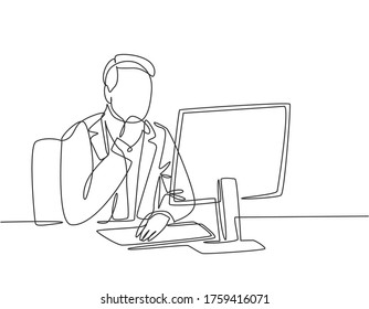 One Single Line Drawing Of Young Startup CEO Thinking About Company Growth While Looking At Annual Report On Computer Screen. Business Analysis Concept.  Continuous Line Draw Design Vector Illustration