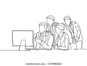 One single line drawing of young business man and business woman enrolled online conference via monitor screen. Modern teleconference concept continuous line draw design graphic vector illustration