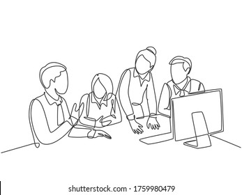 One Single Line Drawing Of Young Happy Male And Female Business Owner Do Conference About Work Together With Computer Monitor. Business Collaboration Concept Continuous Line Draw Vector Illustration