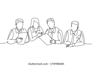 One single line drawing of young modern male and female startup member siting and talking together corporate project at the office. Business meeting continuous line draw design vector illustration