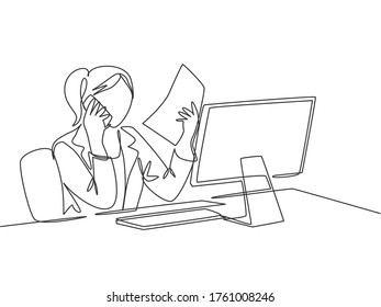 One single line drawing of young woman employee asking her friends using cellphone about company financial report at the office. Annual report concept continuous line draw design vector illustration