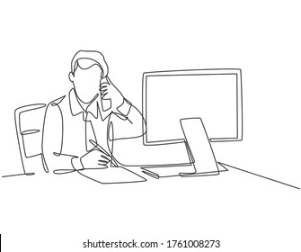 One single line drawing of young startup CEO writing business deal draft on paper and consulting it with his mentor on phone. Business mentoring concept continuous line draw design vector illustration