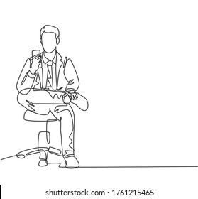 One single line drawing of young male manager touch smartphone screen during sitting relax on work chair and texting to partner. Work rest concept continuous line draw design vector illustration