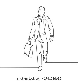 One single line drawing of young male manager walking in hurry at city street try not be late for work meeting at office. Urban commuter worker concept continuous line draw design vector illustration