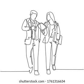 One single line drawing of young couple male and female employees discussing new strategy plan to company growth. Urban commuter workers concept continuous line draw design graphic vector illustration