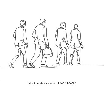 One single line drawing of young male and female employees walking together rushed so as not to be late for work. Urban commuter workers concept continuous line draw design vector graphic illustration