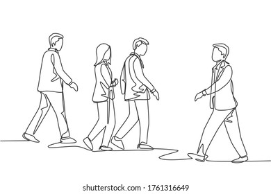 One single line drawing of young businessmen and businesswoman walking together on city street to go to the office. Urban commuter workers concept continuous line draw design vector illustration