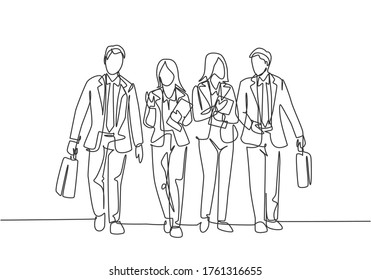 One single line drawing of young businessmen and businesswoman walking together on city road discussing work. Urban commuter workers concept. Continuous line draw design vector illustration