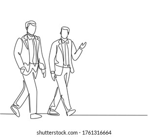 One single line drawing of young businessmen walking together colleague on city street discussing work to go to the office. Urban commuter workers concept. Continuous line draw design illustration