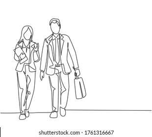 One single line drawing of young couple male and female managers discussing new strategy plan to company growth. Urban commuter workers concept continuous line draw design graphic vector illustration