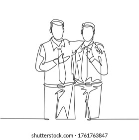 One single line drawing of young happy businessmen hugging each other to show support when meeting at the office. Business friendship concept continuous line draw design graphic vector illustration