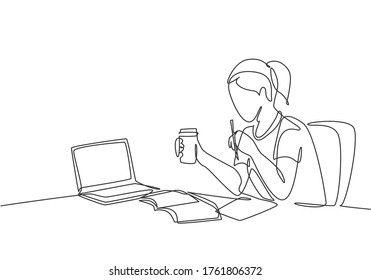 One single line drawing of young serious female employee sitting pensively on her work chair while staring at computer. Thinking ideas at work concept continuous line draw design vector illustration