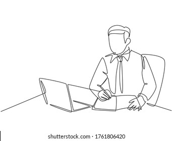 One single line drawing of young serious businessman staring at laptop and writing business notes to the team member at office. Business letter concept continuous line draw design vector illustration