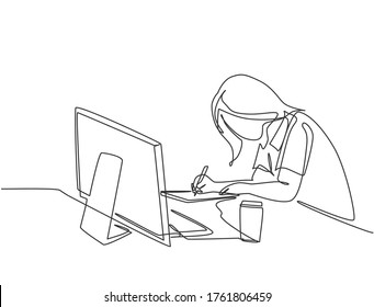 One single line drawing of young pensive female employee works overtime to finish writing company draft business proposal. Business agreement concept continuous line draw design vector illustration