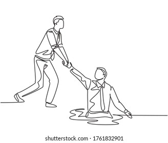 One single line drawing of young energetic businessman helps pull his colleague who falls into the hole to go out. Business teamwork support concept continuous line draw design vector illustration