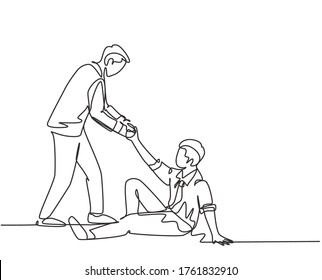 One single line drawing of young happy business man helping his bankrupt partner who lay down on the ground to support to rise up. Teamwork concept continuous line draw design vector illustration