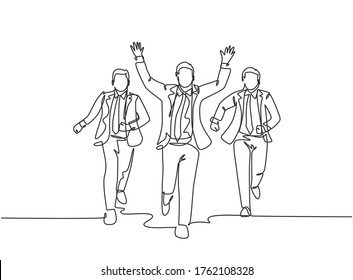 Un dibujo de una sola línea de un joven trabajador masculino sale al aire después de ganar la línea de meta golpeando a sus compañeros. Ejecución del concepto de competencia diseño de líneas continuas de dibujo ilustración vectorial