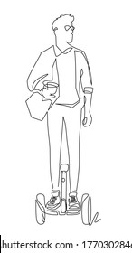 One single line drawing of young stylish man riding electric self balansing scooter at city park vector illustration. Future transport. Healthy lifestyle sport concept.