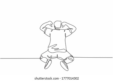 One single line drawing of young football player celebrating the goal with pointing his fingers to the back at field. Match goal celebration concept continuous line draw design vector illustration