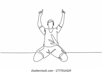 One single line drawing of young football player pointing his fingers to the sky celebrating his goal scoring at field. Match goal celebration concept continuous line draw design vector illustration
